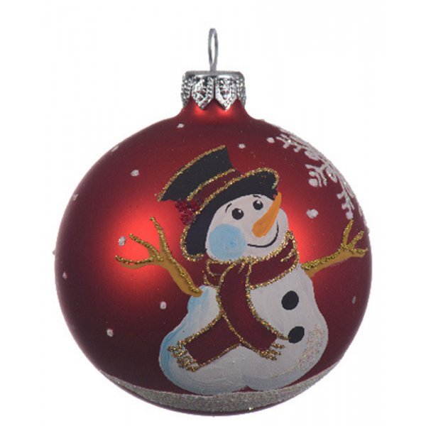 Χριστουγεννιάτικη Γυάλινη Μπάλα Κόκκινη με Χιονάνθρωπο - Κόκκινο Κασκόλ (8cm)
